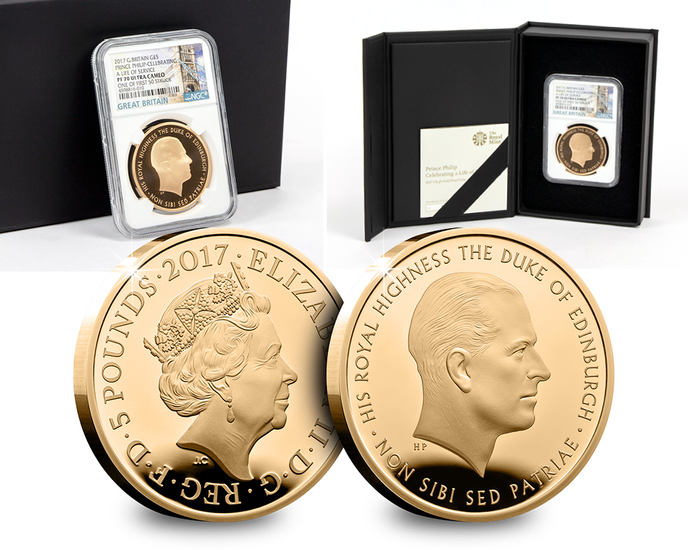 CPM UK 2017 Prince Philip Lifetime of Service Gold Proof Five Pound Coin PF70 Graded Landing Page Image - What you need to know about coin grading