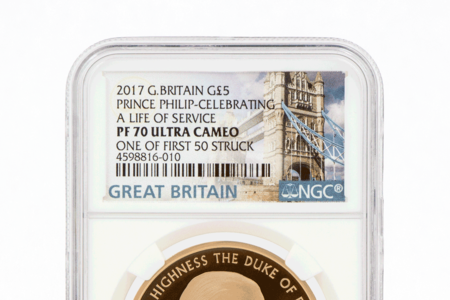 UK 2017 Prince Philip Life of Service Gold Proof Five Pound Coin PF70 Graded in Capsule Close Up - What you need to know about coin grading