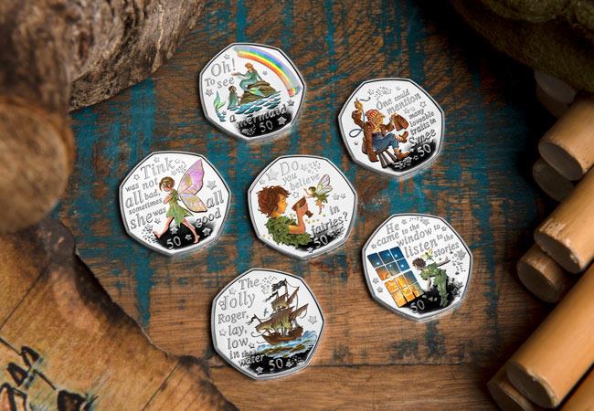 2020 iom silver proof with colour print 50p peter pan set of 6 lifestyle - BRAND NEW Peter Pan 50p coins issued in support of Great Ormond Street Hospital Children's Charity