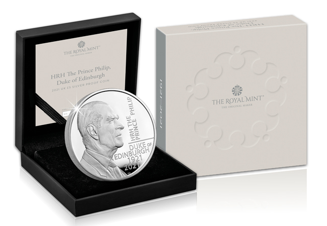 UK 2021 Prince Philip 5 Pound Silver Proof Coin Product Images Coin in Box and Outer Carton - How Prince Philip designed his own memorial coin