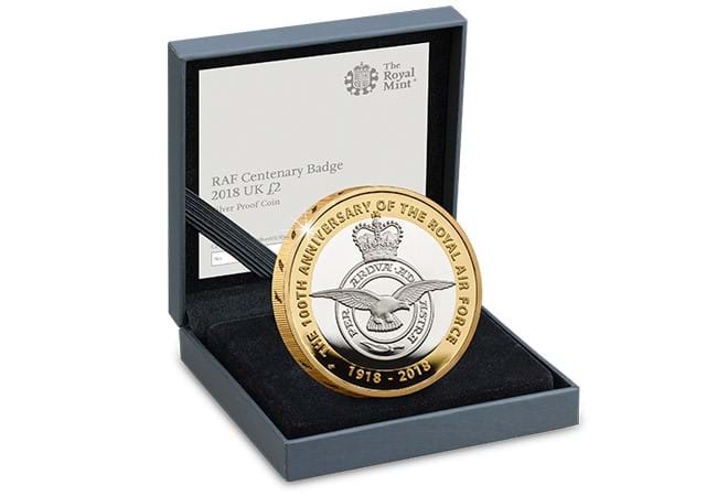 uk 2018 raf 100th badge silver proof two pound coin in display case - Dissecting a Design: “Through adversity to the stars” – the scarce UK coin honouring the RAF