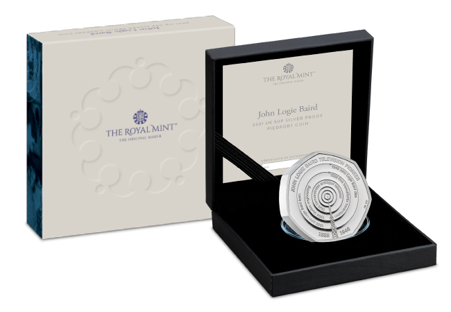 UK 2021 John Logie Baird Silver Proof Piedfort 50p Product Images Coin in Box - Dissecting a Design: The coin we should think of when watching Christmas TV…